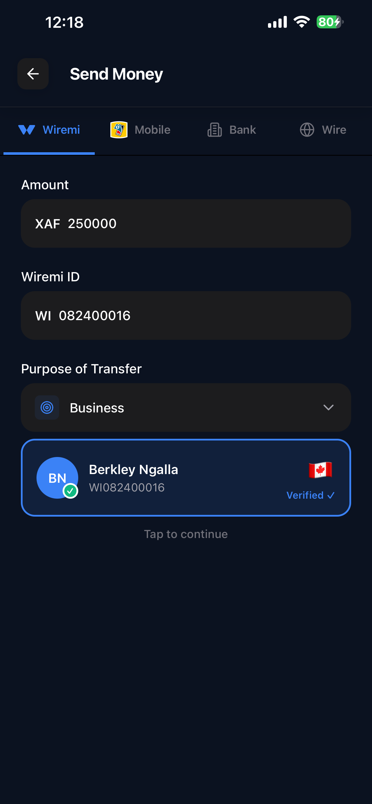 Wiremi Send Money Interface